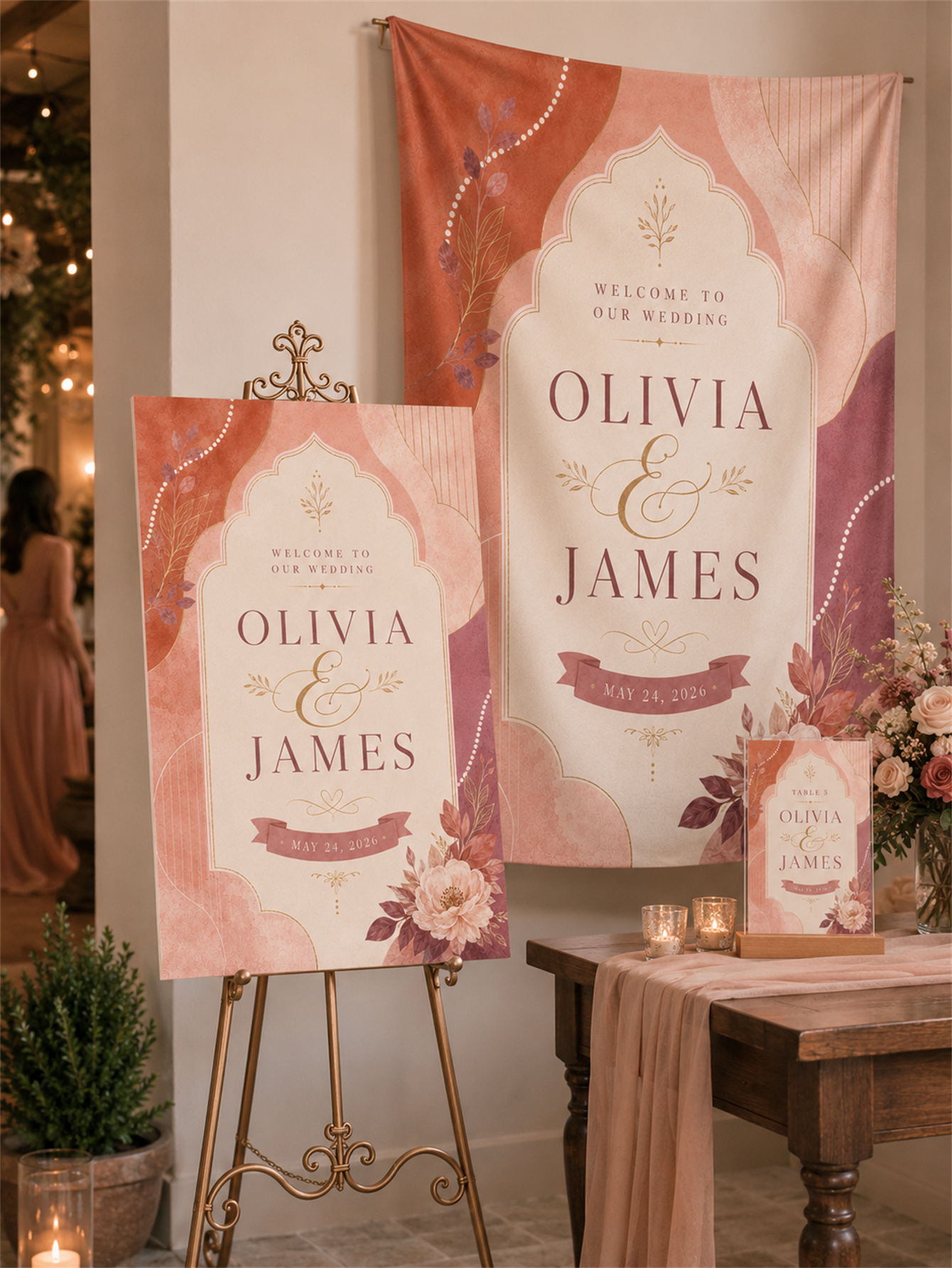 Flower arch watercolor design and gold line art decoration - Romantic and elegant wedding - Custom name and date